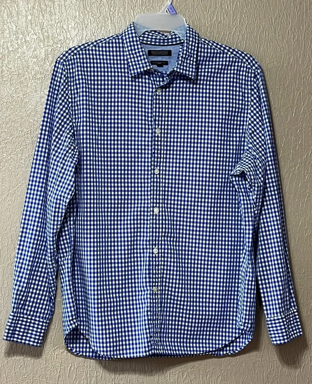 Banana Republic Camden Fit Button Up Gingham Shirt Royal Blue Academia Size XL